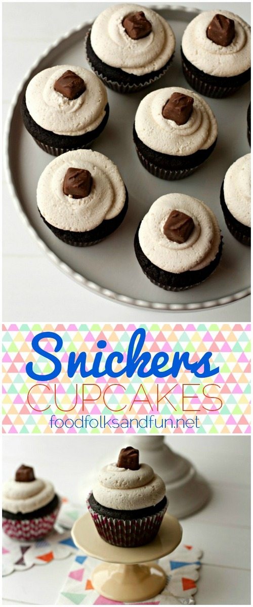 Snickers Cupcakes on a serving platter with text overlay for Pinterest