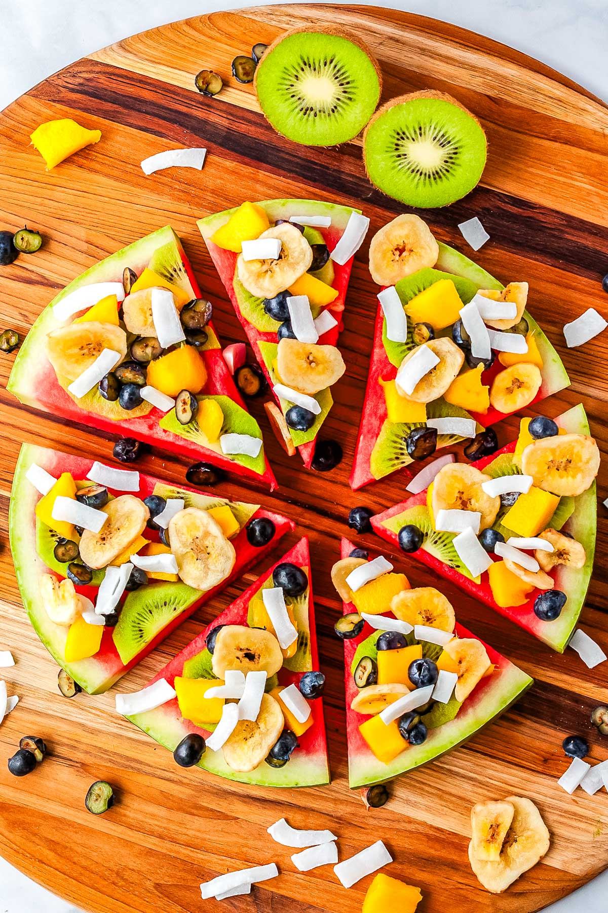 An overhead picture of the finished Watermelon Fruit Pizza.