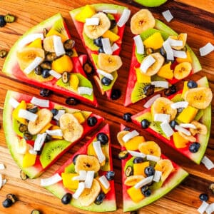 An overhead picture of the finished Watermelon Pizza cut into slices.