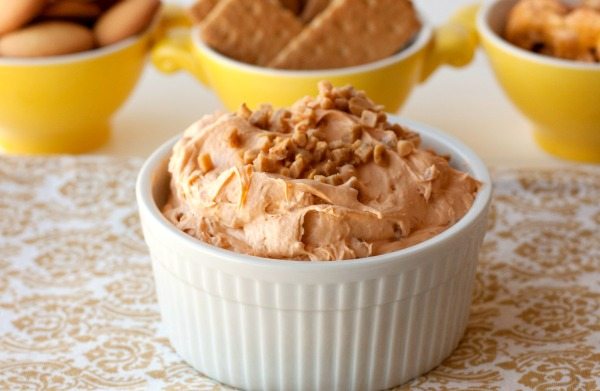 Butterscotch & Toffee Cheesecake Dip in a white bowl. 
