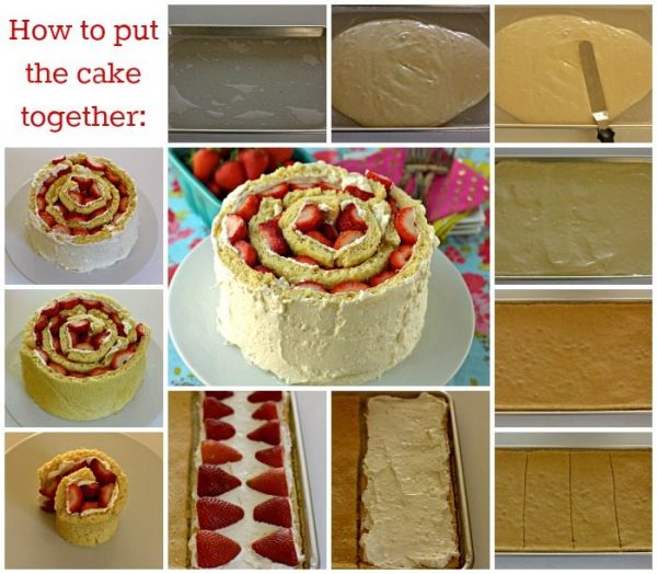 A picture collage of step-by-step photos of how to make this strawberry shortcake cake.