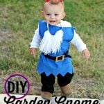 A toddler in a DIY Garden Gnome costume with text overlay for Pinterest