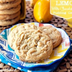 A plate of Lemon White Chocolate Pudding Cookies with text overlay for Pinterest