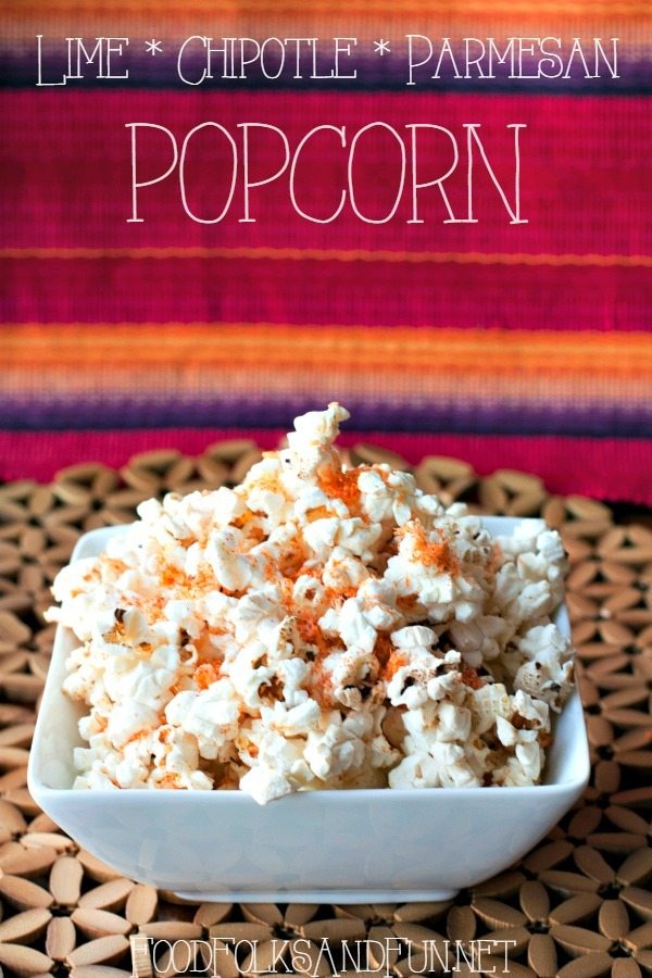 The finished Parmesan popcorn with text overlay for Pinterest.