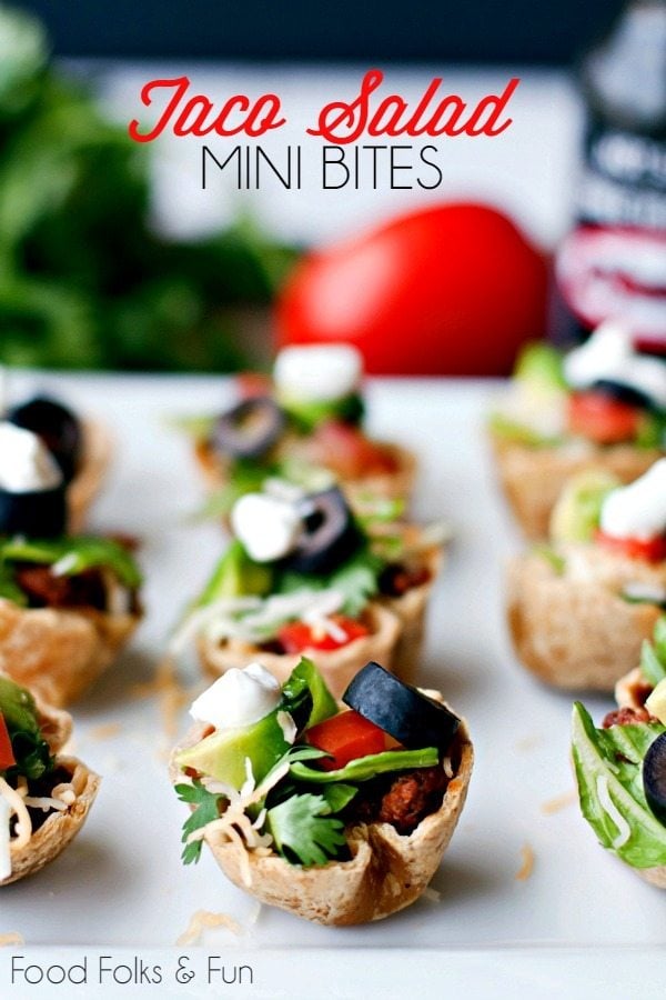 Taco Salad Mini bites on a plate with text overlay for Pinterest