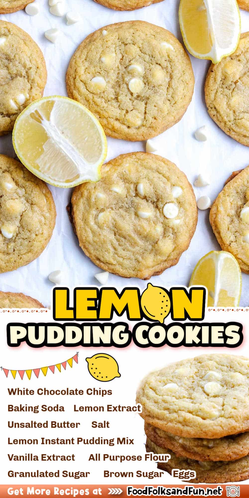 This Lemon Pudding Cookies recipe has a delicious zesty lemon flavor, and they're studded with creamy white chocolate chips. via @foodfolksandfun
