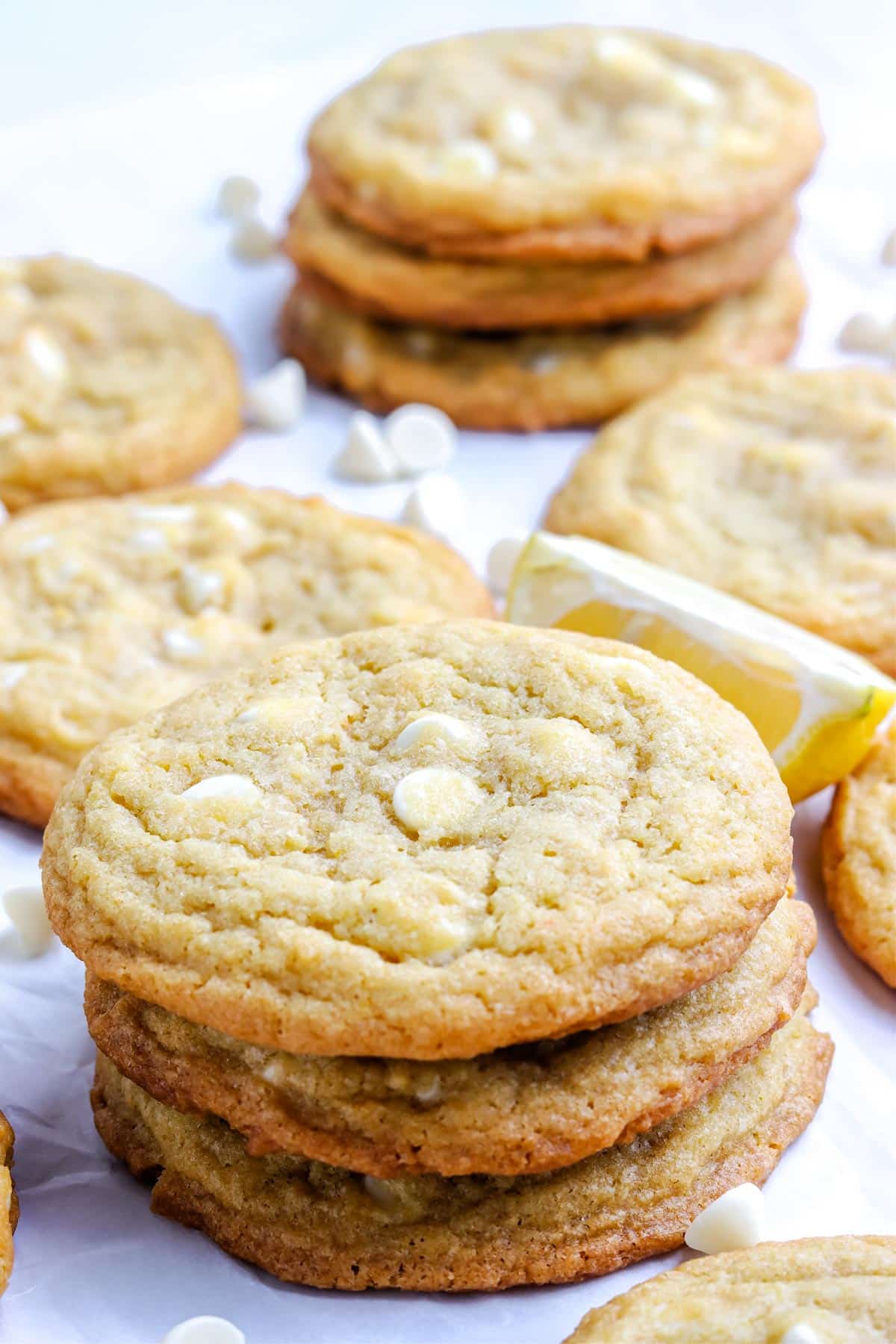Three lemon cookies stacked on top of each other.