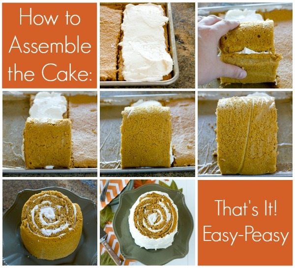 A collage of process shots showing how to assemble a Pumpkin Blossom Cake with text overlay for Pinterest