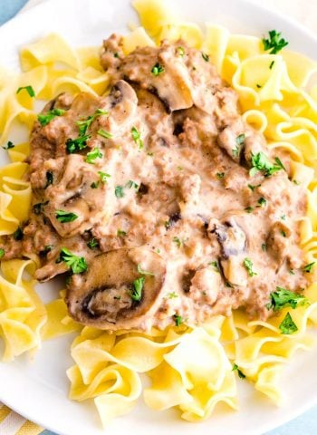 Overhead picture of Ground Beef Stroganoff over egg noodles.