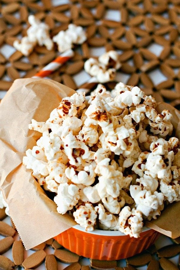 A close-up of Pumpkin Kettle Corn in a small bowl