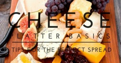 Cheese board with text overlay for social media. 