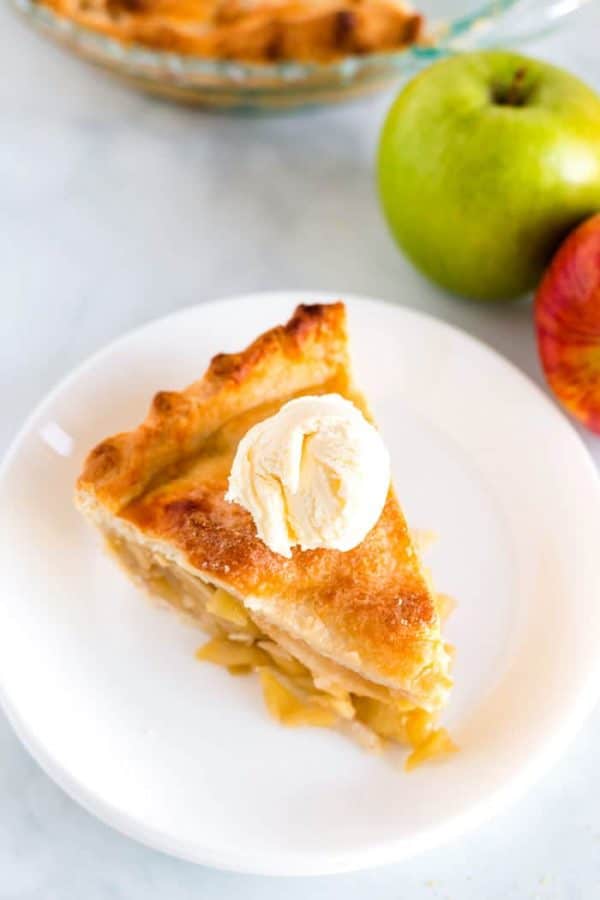 Overhead picture of apple pie with vanilla ice cream.