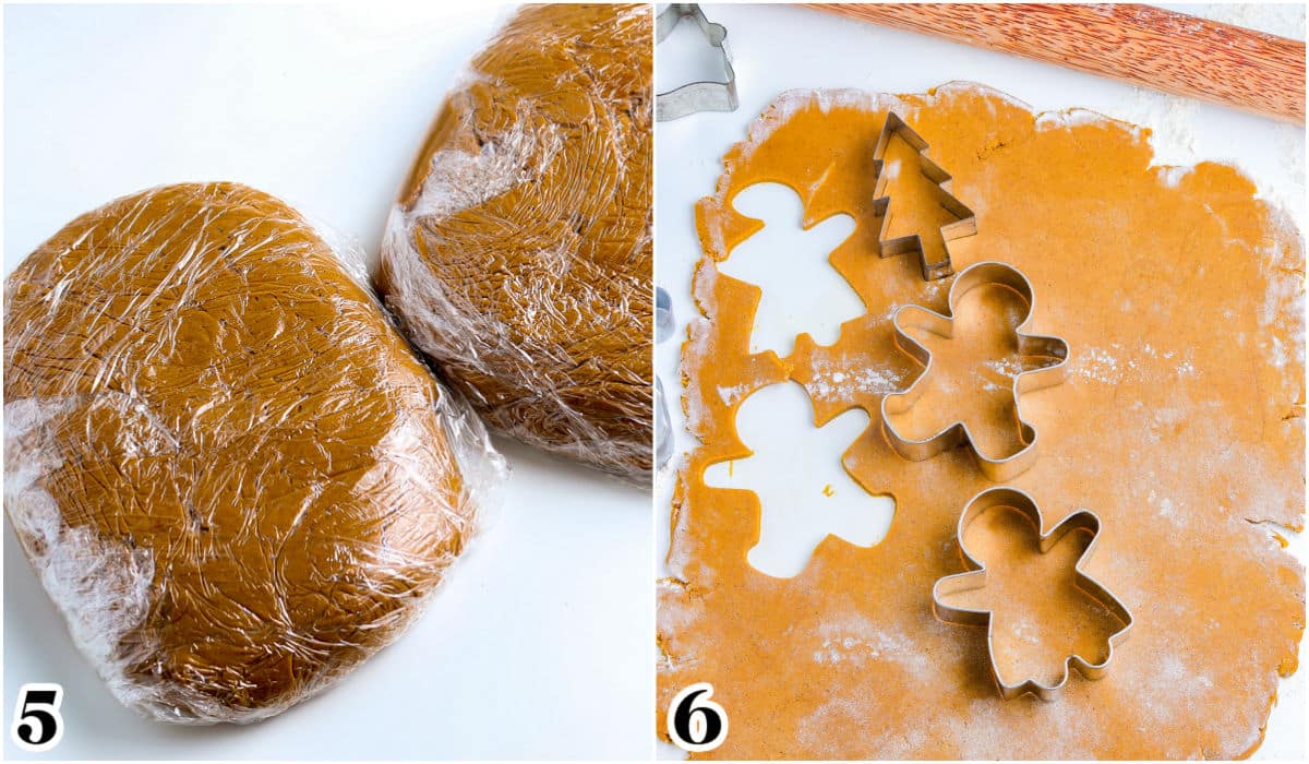 The gingerbread dough wrapped in plastic wrap and then rolled out.