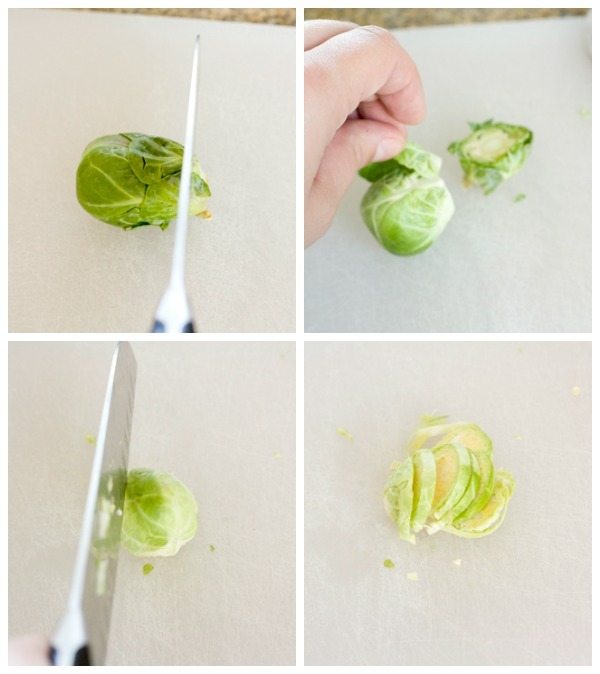 A picture collage of how to cut Brussels sprouts. 