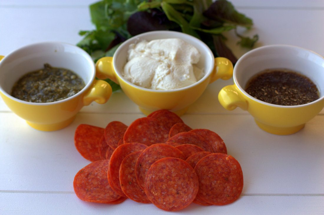 Ingredients needed for making pepperoni pizza salad sandwiches