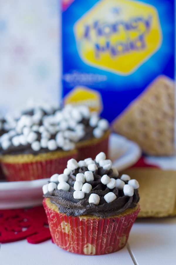 Smore cupcakes on a plate with a box of graham crackers in the background