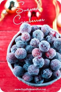 Sugared cranberries with text overlay for Pinterest