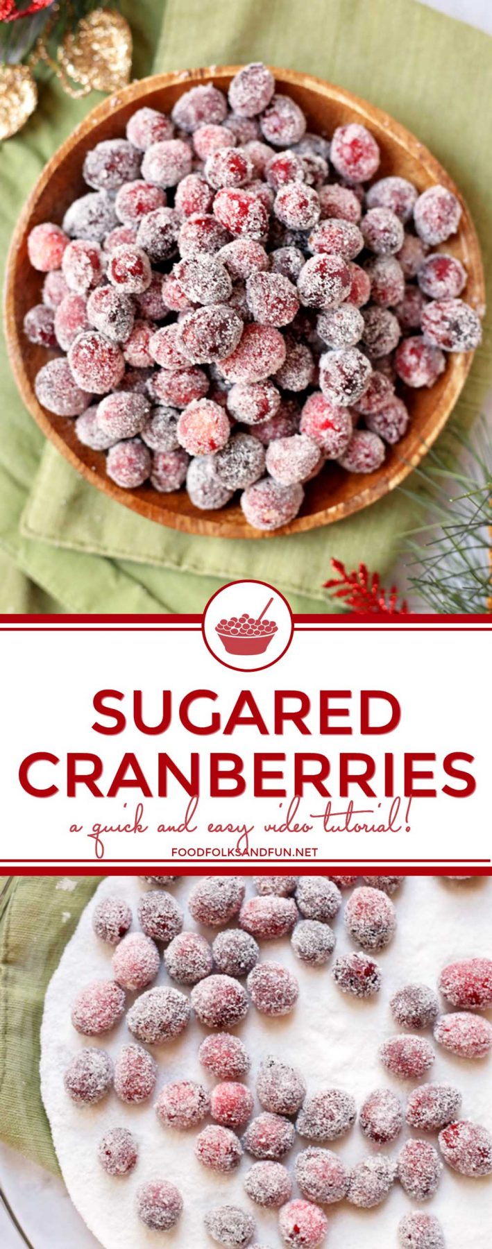 Enjoy this easy tutorial for Sugared Cranberries; they're the perfect holiday party snack. Add them to holiday cookies and cakes for some extra bling! via @foodfolksandfun