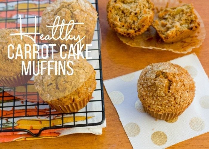 Carrot Cake Muffins on a serving platter, wire rack, and napkin with text overlay for social media