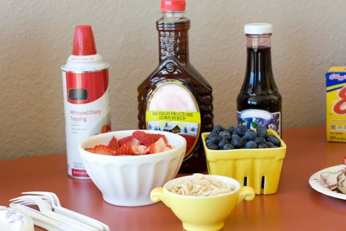 All of the toppings for a waffle bar. 