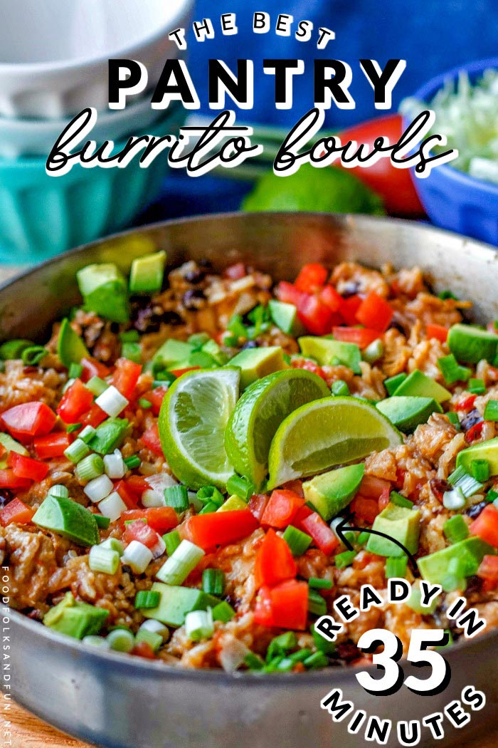 This One Pot Chicken Burrito Bowls recipe is a quick & easy one pot Mexican meal that feeds a crowd. It uses pantry ingredients and costs $1.52 per serving.  via @foodfolksandfun