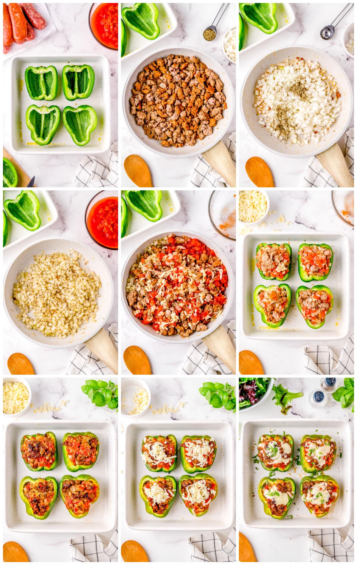 A picture collage showing how to make this sausage stuffed peppers recipe.