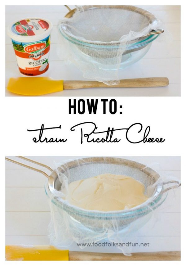 Picture collage of how to strain ricotta cheese for Pinterest. 