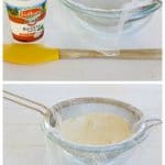 Picture collage of how to strain ricotta cheese.
