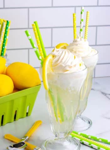 The finished Lemonade Float in a clear glass with a straw.