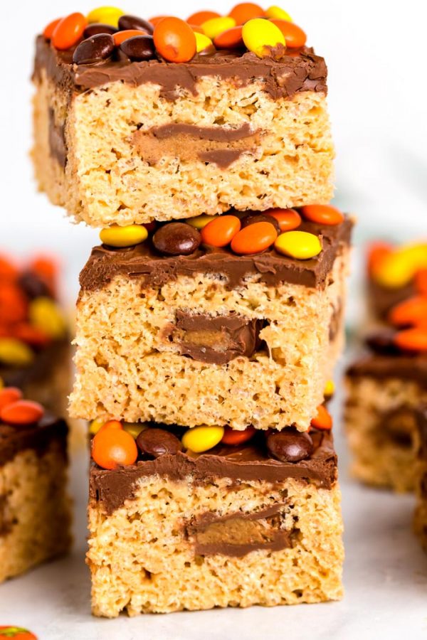 2 Reese's Rice Krispies Treats stacked on top of each other. 