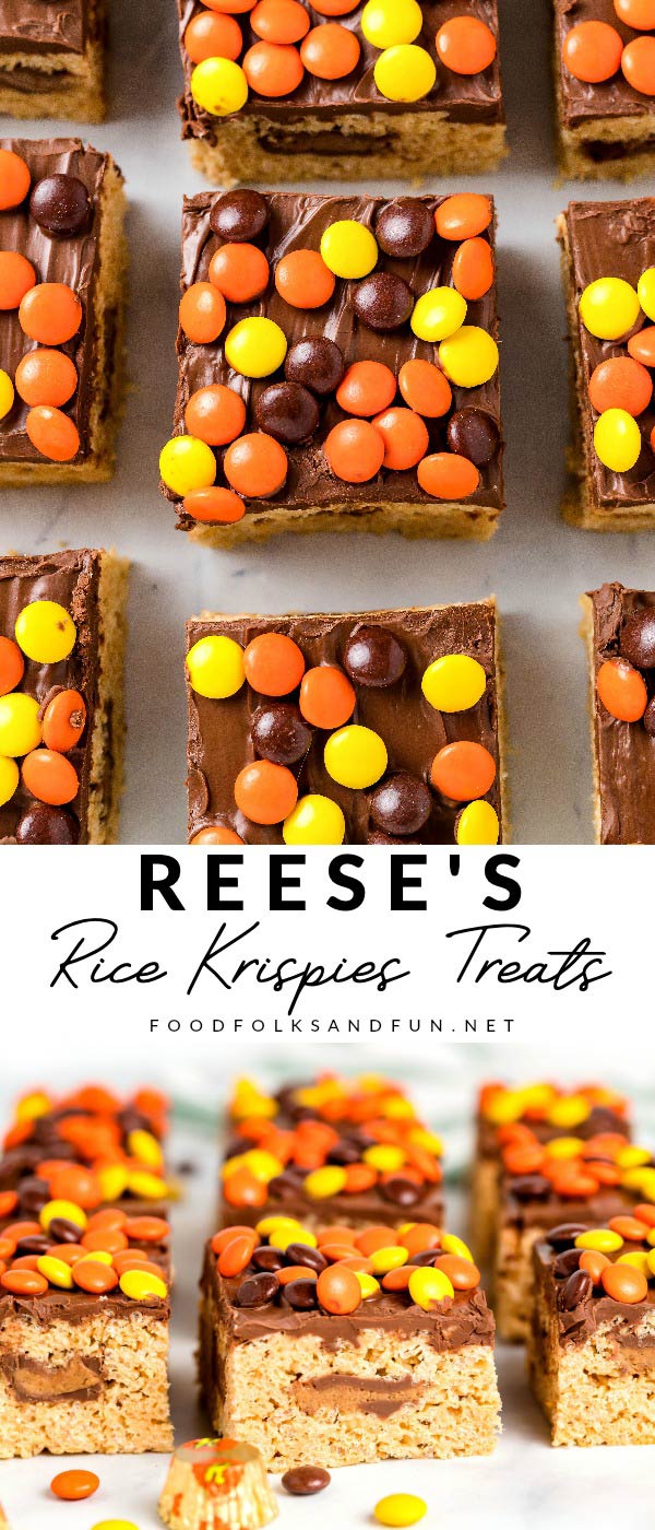 These Reese's Rice Krispie Treats are loaded with peanut butter cups and Reese's pieces. Chocolate and peanut butter lovers will go crazy for these!  via @foodfolksandfun