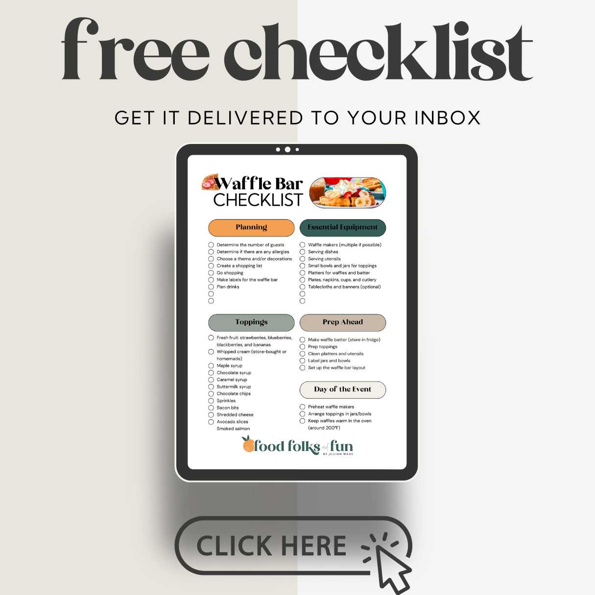 A picture for the free waffle bar checklist for readers to download.