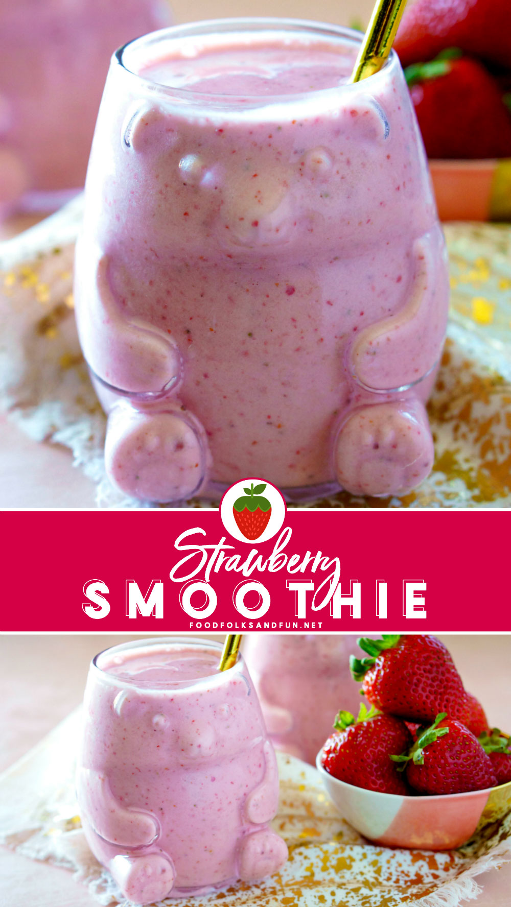 This Strawberry Smoothie recipe is a quick and easy 3 ingredient smoothie that's great for breakfast on the go!  via @foodfolksandfun