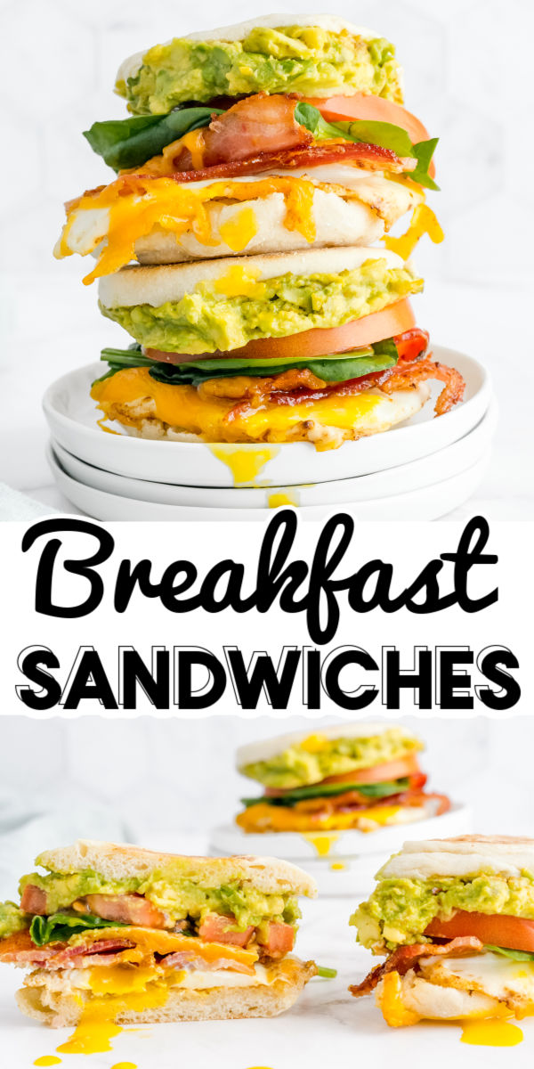 These Loaded Breakfast Sandwiches have eggs, bacon, cheese, avocado, spinach, and tomato. This recipe has freezer instructions, too! via @foodfolksandfun