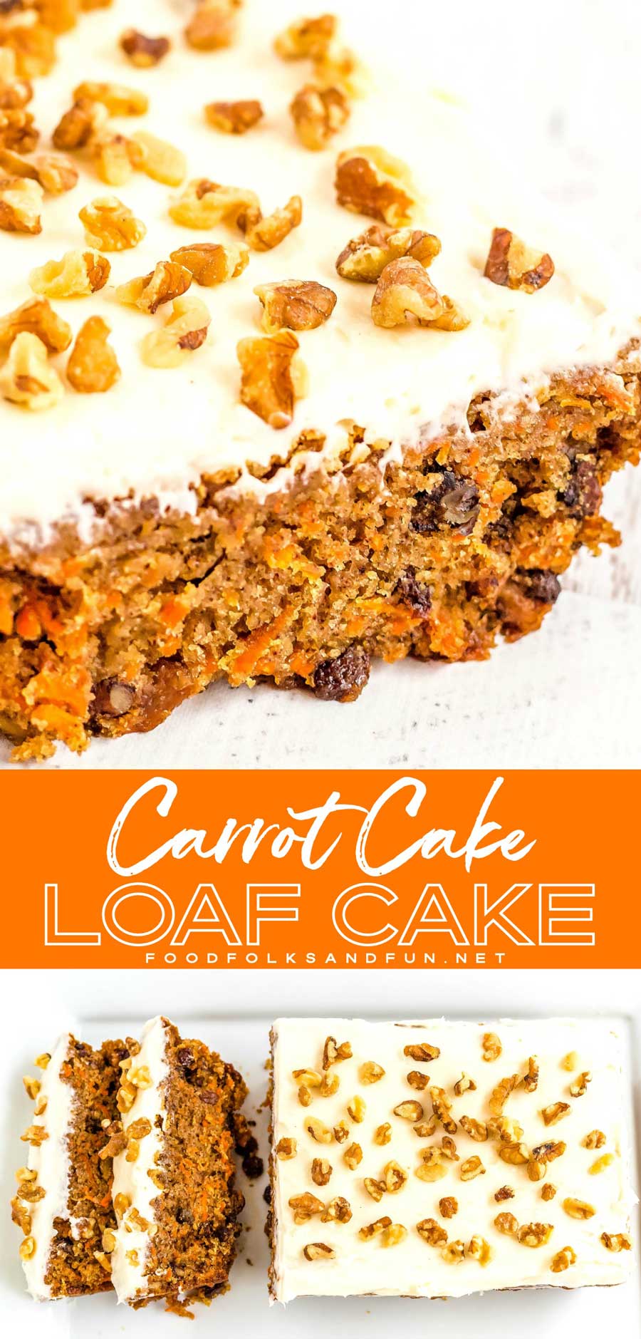 You'll love how easy and delicious this Carrot Cake Loaf recipe is. It's topped with my favorite recipe for fluffy cream cheese frosting! #easyrecipe #easydessert #carrotcake #cake #creamcheese #SpringRecipe #EasterRecipe #EasterDessert #SpringDessert #foodfolksandfun via @foodfolksandfun