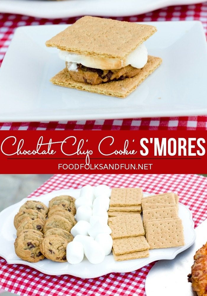 Chocolate Chip Cookie Smores picture collage with text overlay for Pinterest.