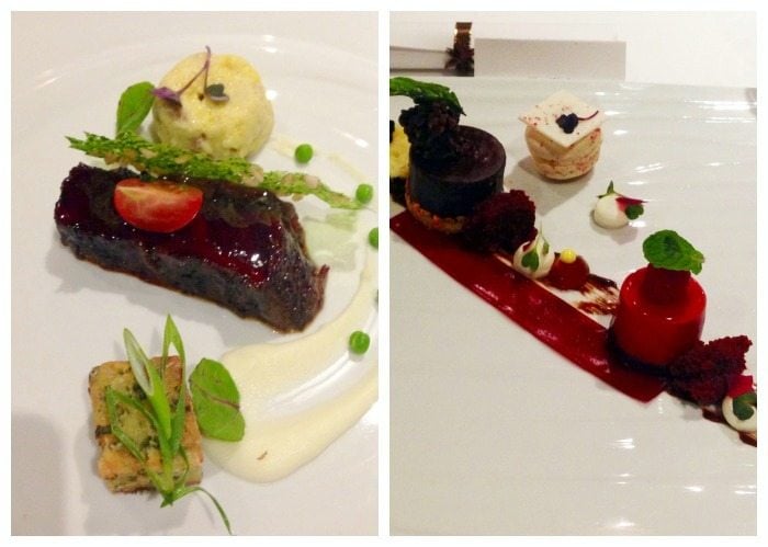 A collage of Wagyu and Pastry Chef, the 6th and 7th courses during dinner on a Carnival Cruise