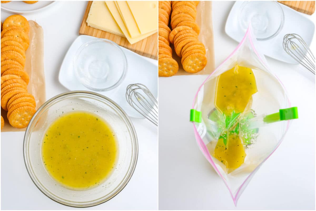Melted butter and Ranch mixed together and then placed in a large Ziploc bag.
