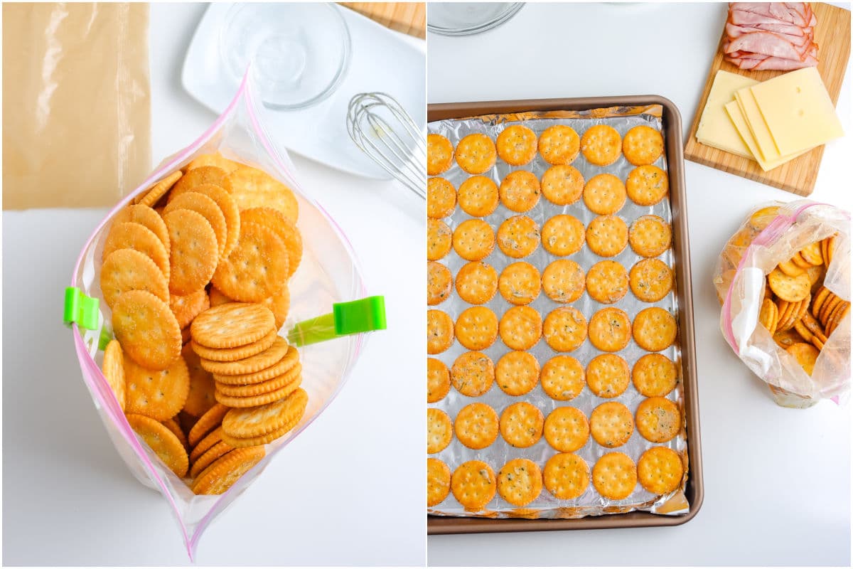 The crackers added to a Ziploc bag with the butter mixture and shaken to coat, then added to a baking sheet.
