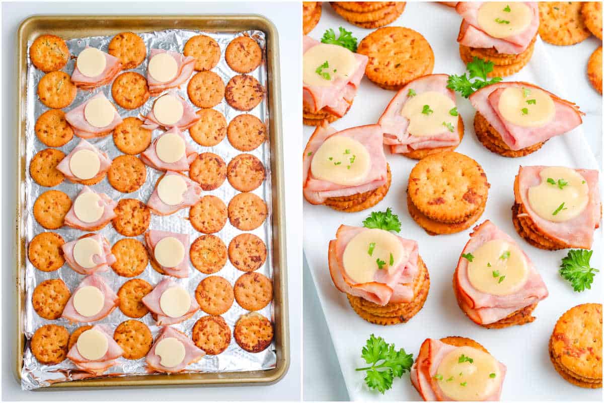 Ham and cheese added to the crackers and baked and then served.