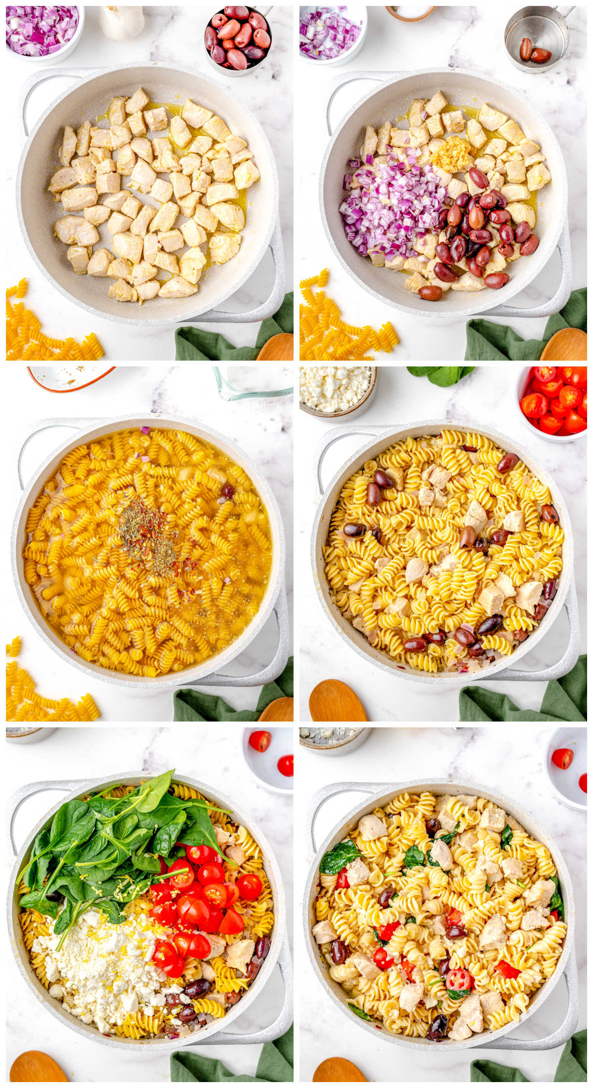 A picture collage showing how to make Greek Pasta.