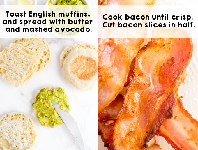 English muffins that have butter and smashed avocado on them.