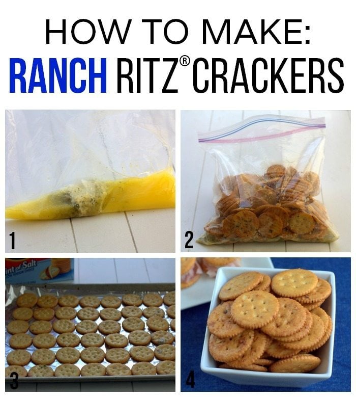 Picture collage of how to make ranch ritz crackers