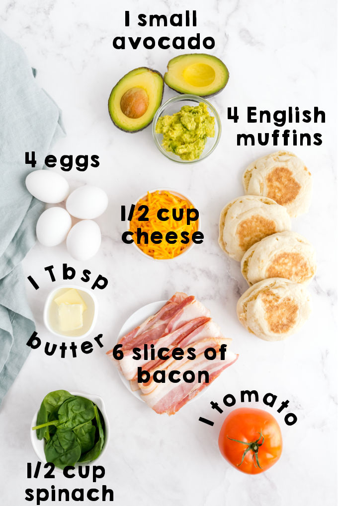An overhead picture of all of the ingredients needed to make Loaded Breakfast Sandwiches.