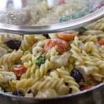 One-pot greek pasta with lemon chicken in a large skillet