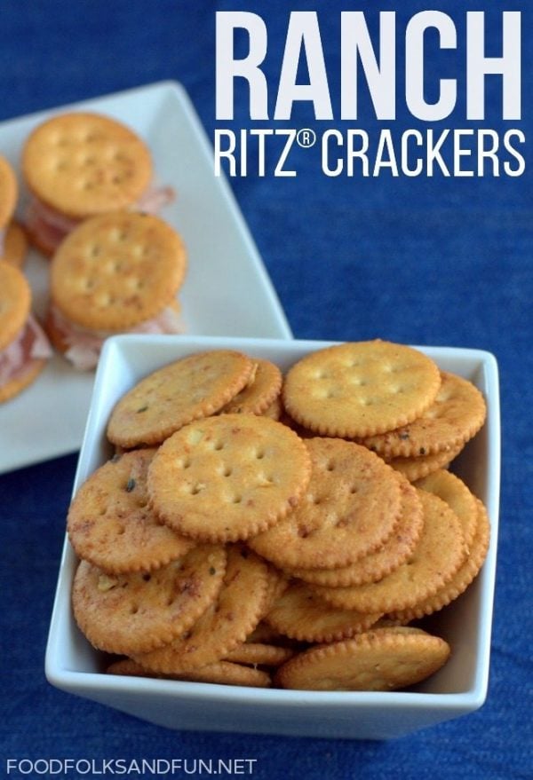 Ranch RITZ Crackers piled into a white bowl. 