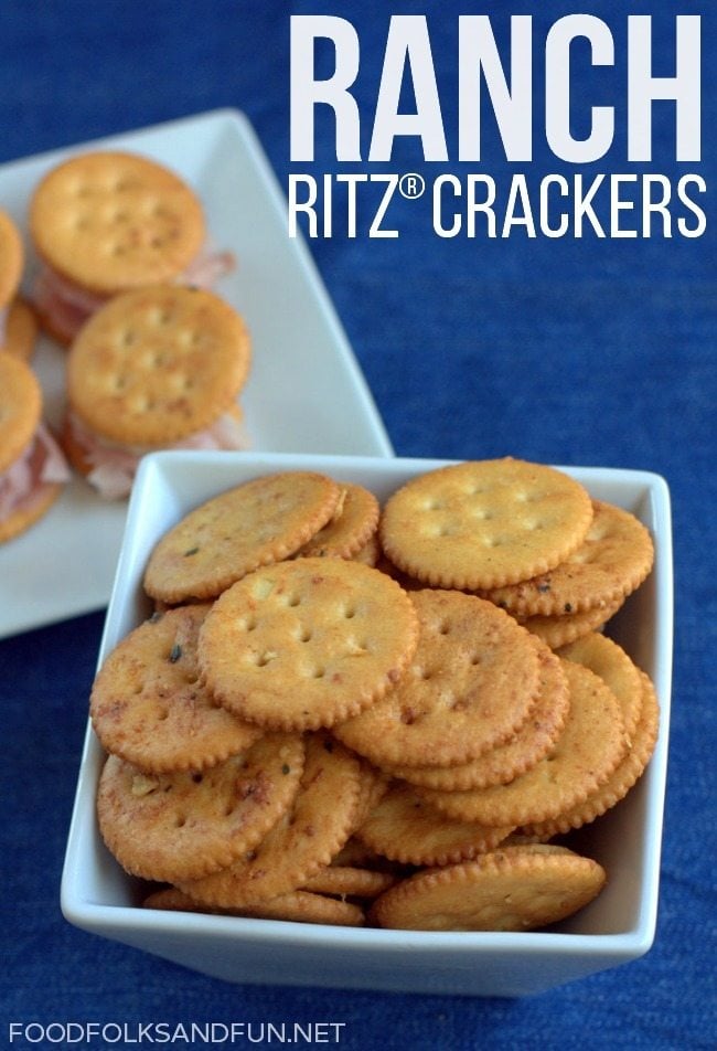 A bowl of Ritz Ranch crackers with text overlay for Pinterest