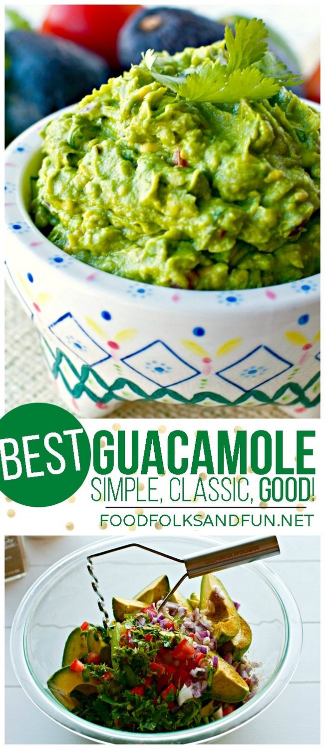 A bowl of guacamole with text overlay for Pinterest. 