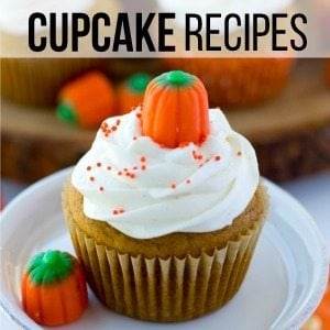 A pumpkin cupcake on a plate with text overlay for social media