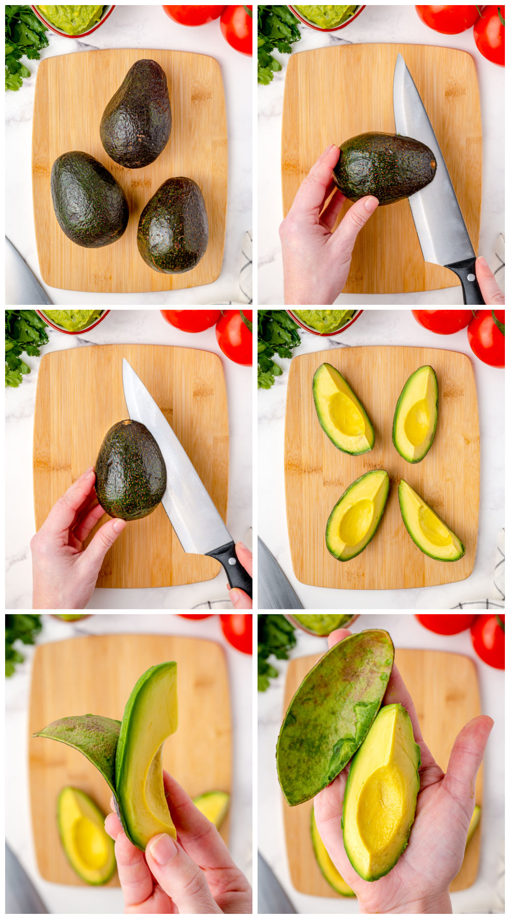 A picture collage showing how to How To Cut And Peel An Avocado.